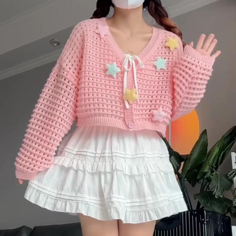 Милый повседневный свитер для женщин, однотонный вязаный кардиган с V-образным вырезом и длинным рукавом, женские модные свободные винтажные кардиганы, короткое трикотажное пальто со звездами 31028