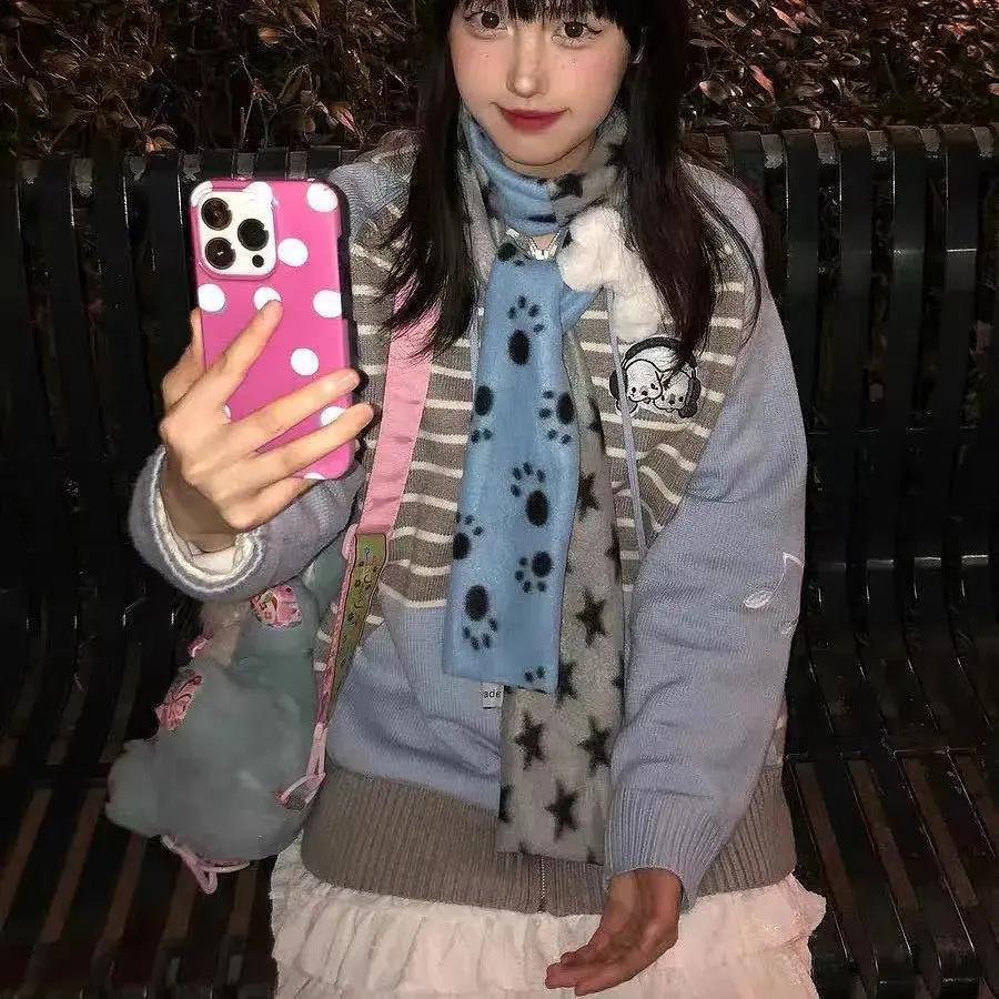 Y2K Star Scarf Vintage Plush Cashmere Longer Scarf Wome Neck Warmer Bone Ornaments Cute Puppy Paw Accessories JK Accessrioes
