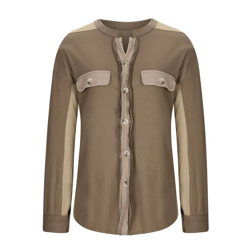 Women Waffle Knit Shirt Jacket, Oversized Button Down Blouse,Frayed Raw Hem with Patch Pockets, Casual Loose Shirt for Autumn Daily Streetwear Outfits