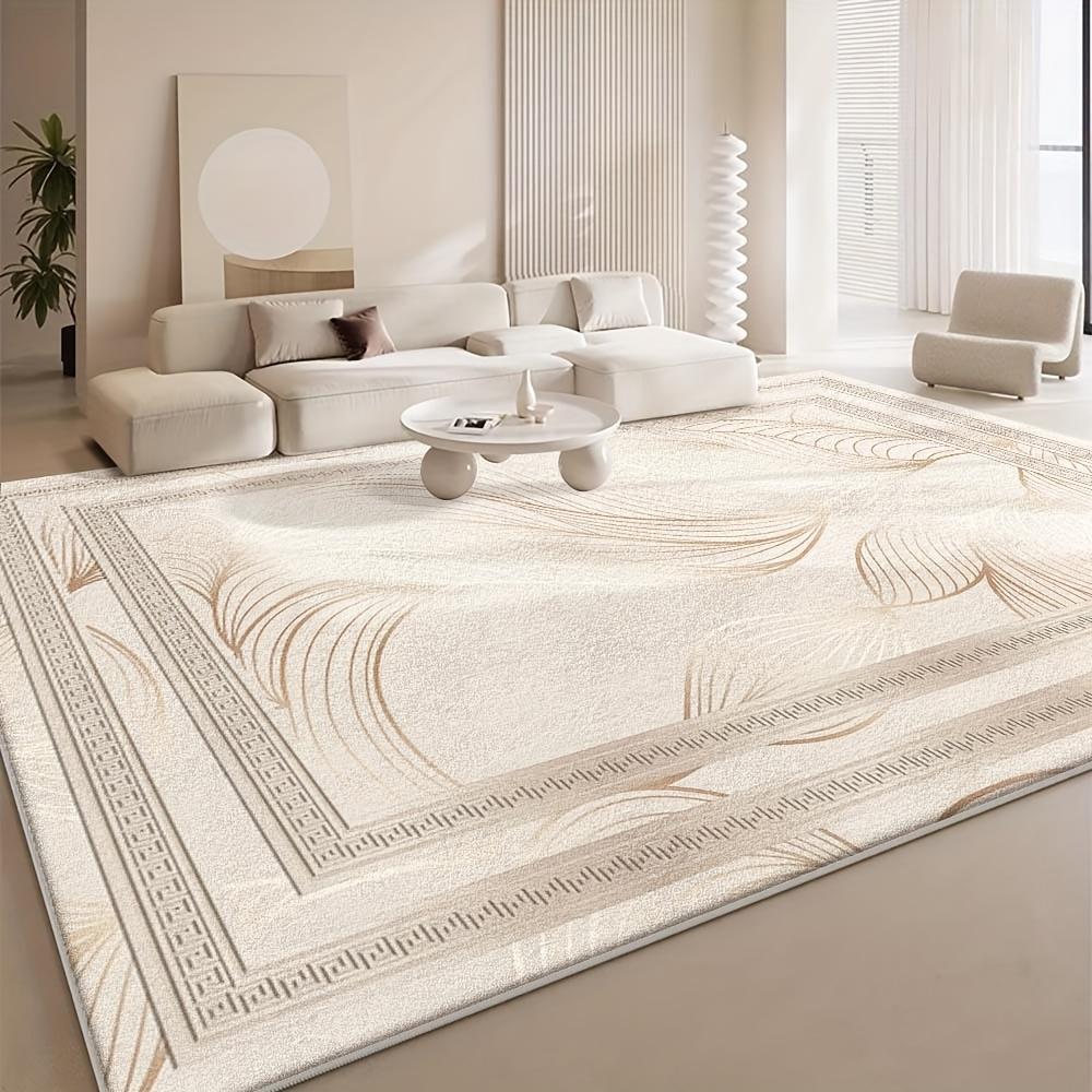 Minimalist Beige Leaf Pattern Area Rug Luxury Golden Line Border Non‑slip Soft Washable Large Living Room Carpet
