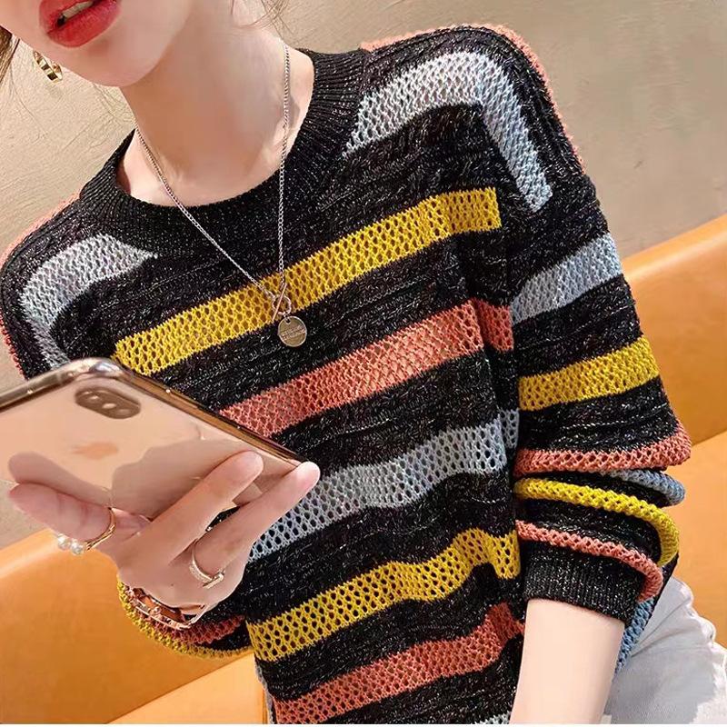 Полосатый вязаный свитер женский осень-зима свободный контрастный топ-летучая мышь радужная полоса длинный рукав вырез тонкий свитер женский