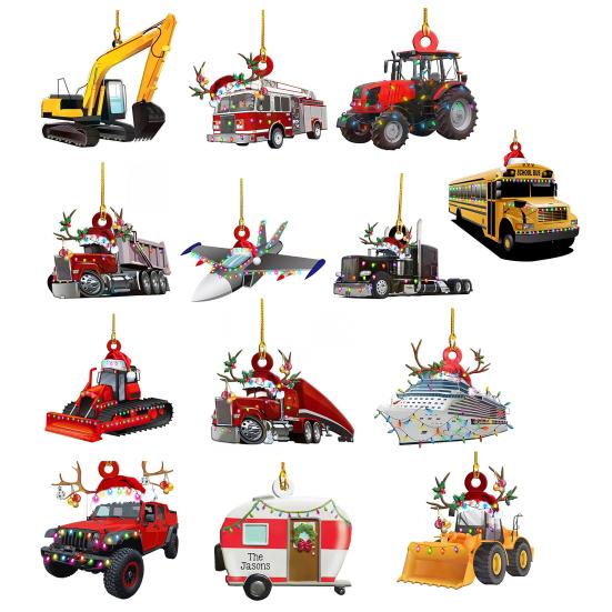 Christmas Vehicle Ornament Acrylic Truck Tractor Airplane Christmas Tree Ornament for Holiday Party Decoration