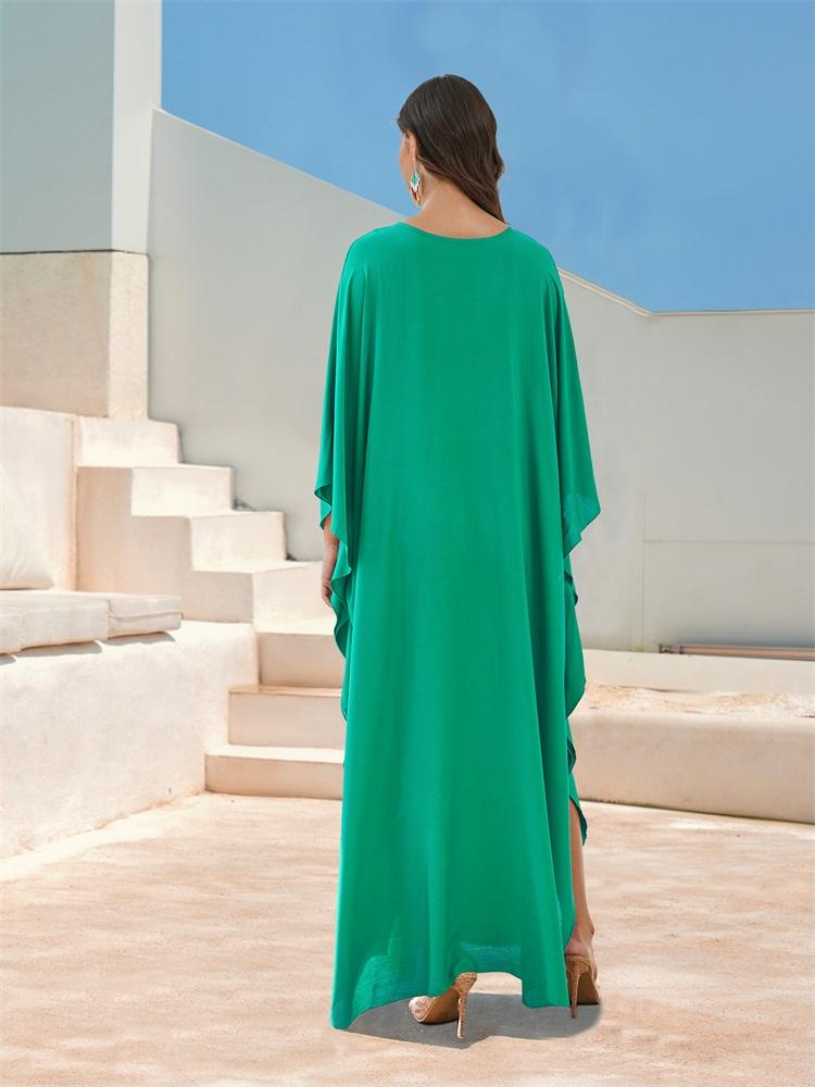 EDOLYNSA Кафтан больших размеров, зеленый, однотонный, с богемным принтом, летнее длинное пляжное платье, женская домашняя одежда, купальный костюм, накидка, свободный кафтан