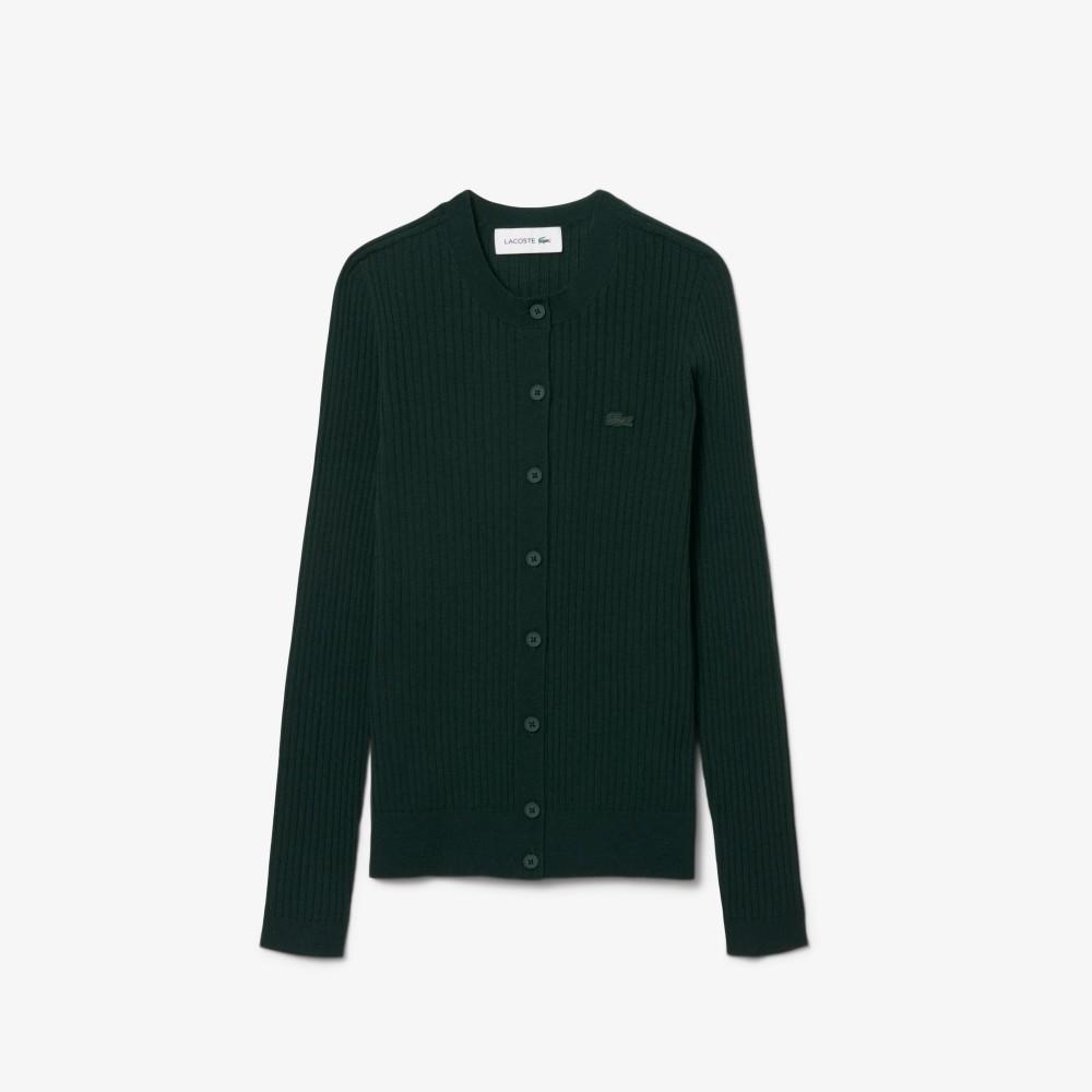 [Lacoste] Women's Ribbed Merino Wool Crew Neck Cardigan AF4141-55NYZP