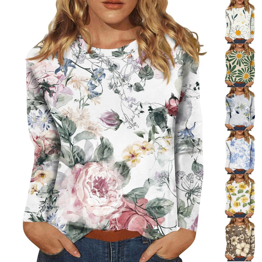 Женская мода повседневный топ с длинным рукавом с цветочным принтом и круглым вырезом