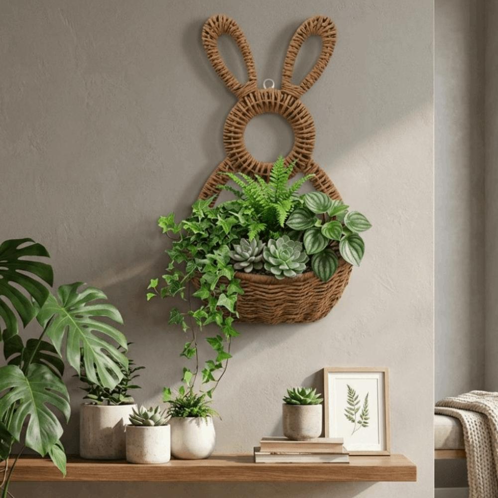 Hand Woven Bunny Flower Basket Handmade Bunny Basket Wreath Easter Bunny Basket  Wall Decoration