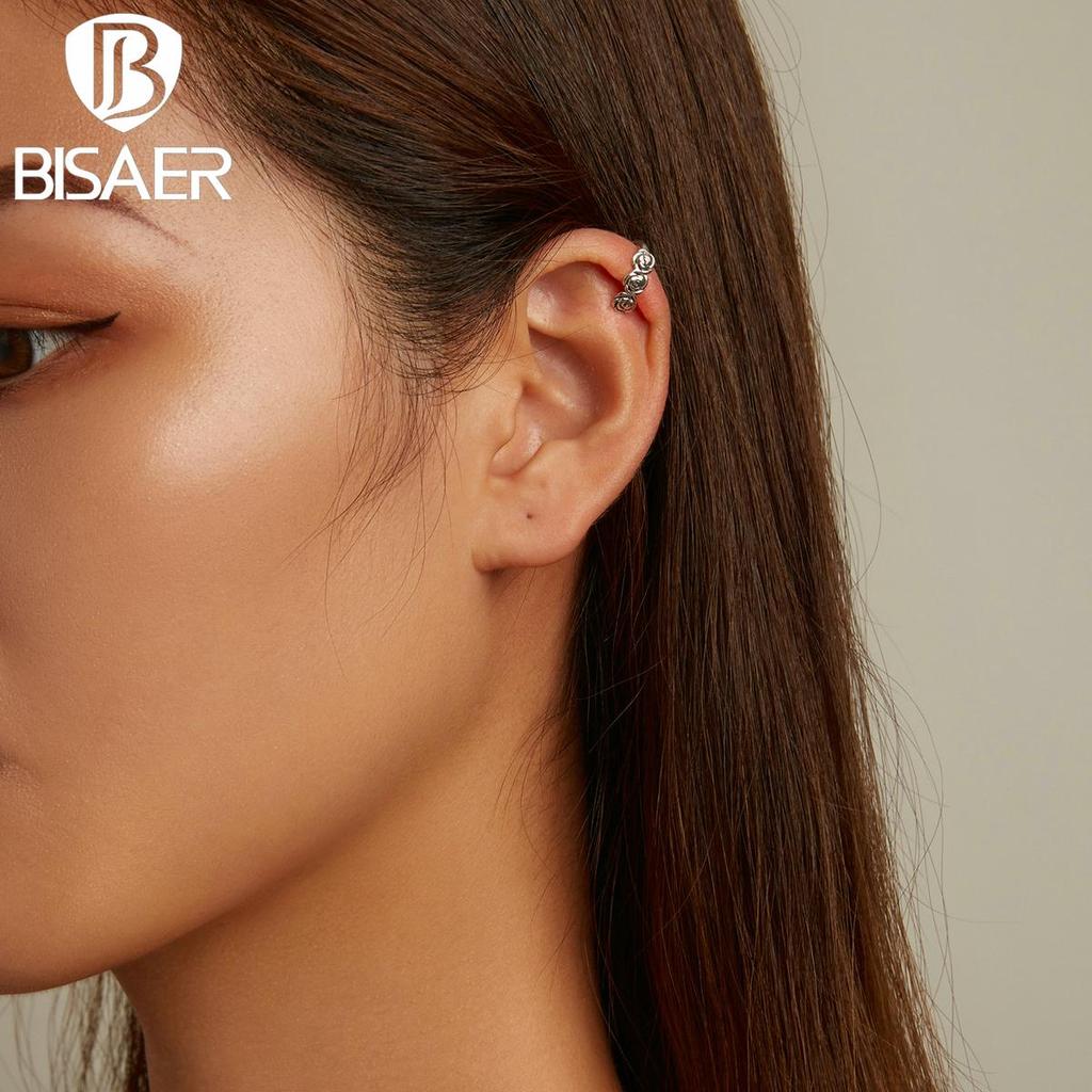 Bisaer 1 шт., винтажные штабелируемые манжеты в форме розы, настоящее серебро 925 пробы, зажим для ушей в стиле ретро с цветами для женщин, ювелирные украшения, свадебный подарок