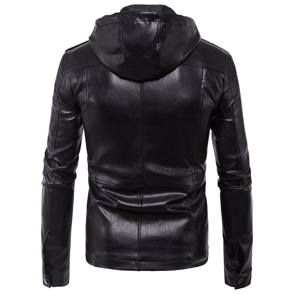 Autumn and Winter New Men's Hooded Leather Jacket Biker Jacket Men's PU Leather Workwear Jacket