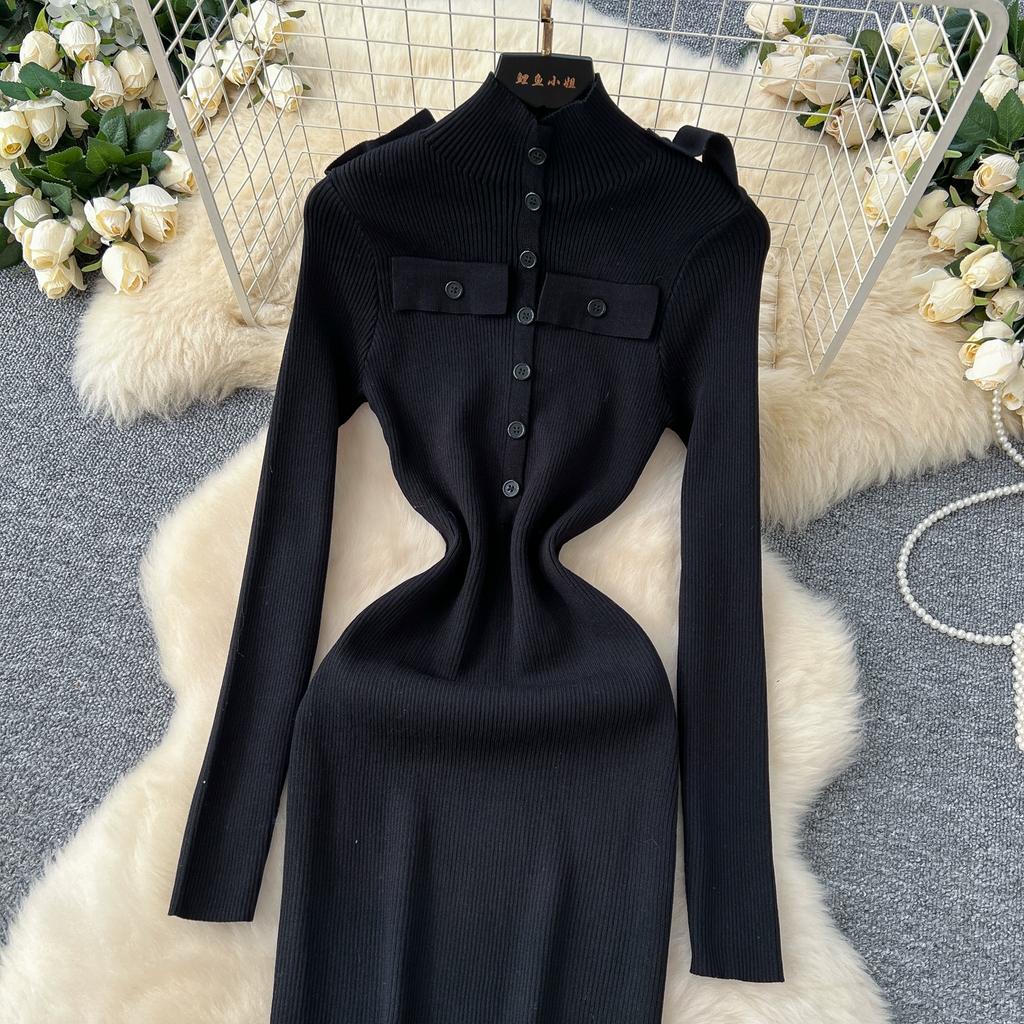 Весна Осень Женский Элегантный Вязаный Свитер со Стойкой Воротником Офисная Работа Длинные Миди Приталенные Платья-Футляры