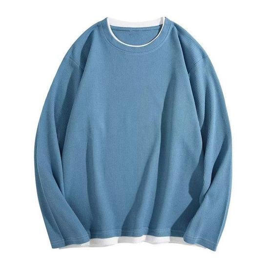 Мужской вафельный свитшот с круглым вырезом, футболка с длинным рукавом, имитация двухслойности, повседневный свободный пуловер для весны, осени, для повседневной носки, уличный стиль