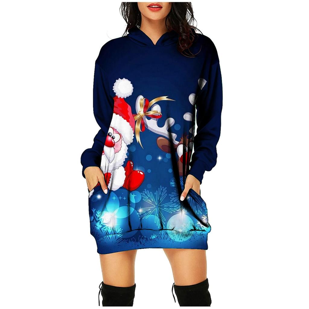 Women's  Fashion Christmas Printed Hooded Long Sleeve Mid-length Pockets Top
