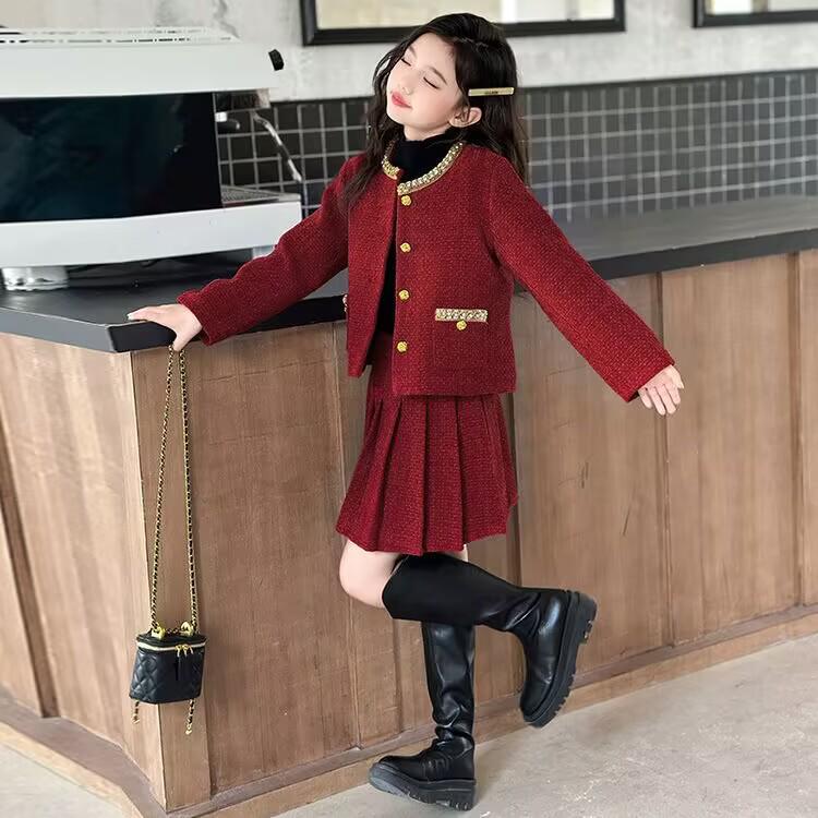 Girls' Red Princess-Style Two-Piece Suit for Autumn/Winter