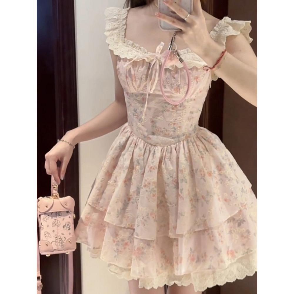 Summer First Love Sweet Wind Small Flying Sleeves Lace Splicing Floral Waist Dress Waist Princess Puffy Short Skirt