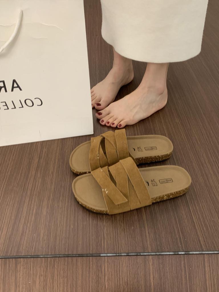 BEI LI XUAN Retro Mori Cross-strap One-word Slippers for Women's Summer Outer Wear Thick-bottomed Casual Beach Women