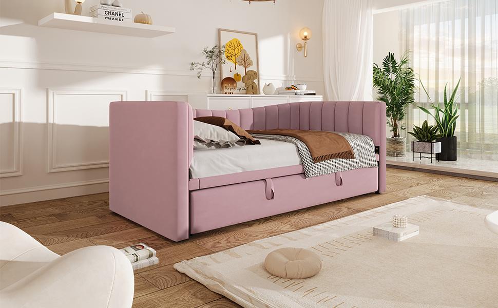 Daybed, 90 x 200 cm (180 x 200 cm) Upholstered Bed with Trundle Bed, Sofa Bed, Single Bed, Double Bed (Without Mattress), Velvet, Pink