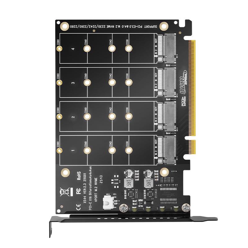 PCIe X16 Quad M.2 NVMe Expansion Card - 4-Bay RAID, Supports Software RAID, 2TB per Drive.