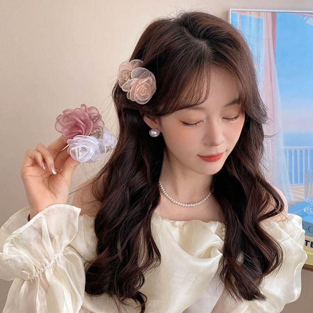 Mesh Camellia Shark Clip Cloth Flower Claw Clip Cute Simulation Flower Hair Claw  Seaside