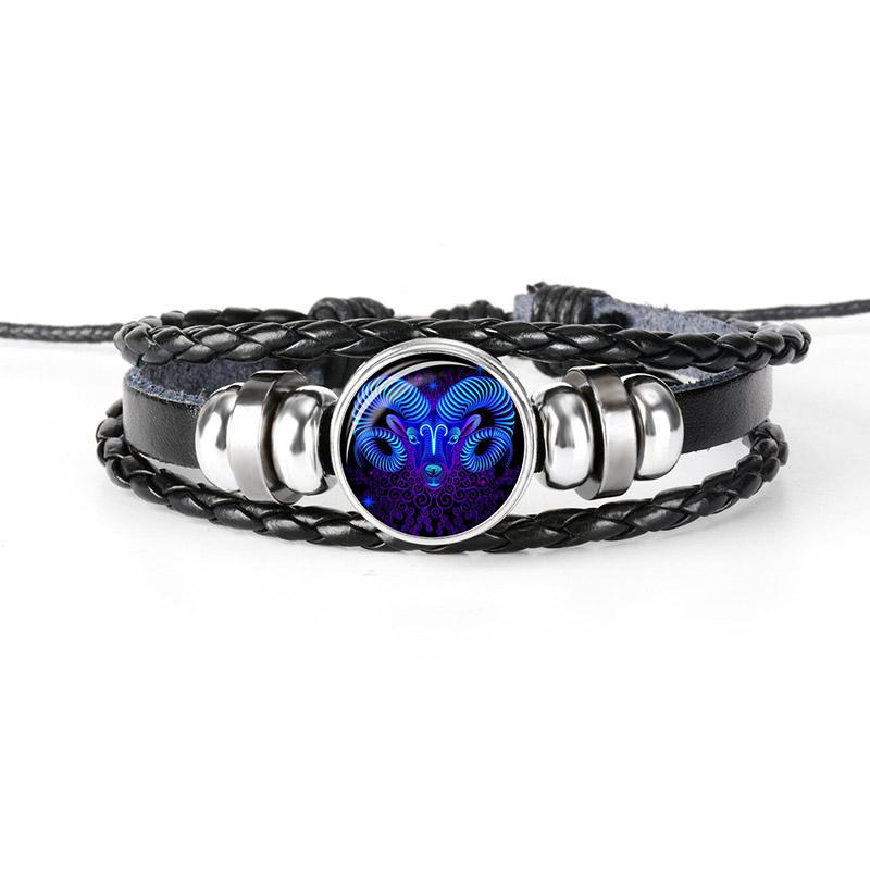Night Light Up Zodiac Sign Braided Leather Bracelet for Men Women - 12 Constellation Horoscope Adjustable Wristband