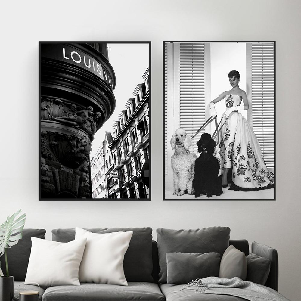 Модный Парижский брендовый постер с принтом звезды, собаки, автобуса, автомобиля, настенная живопись на холсте, черно-белая скандинавская картина для гостиной, домашний декор