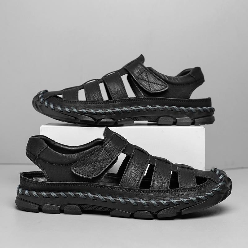 Модные повседневные кожаные мужские сандалии, дышащие мужские летние туфли на плоской подошве, модная пляжная обувь, удобные открытые мокасины, мужские сандалии Magic Glue
