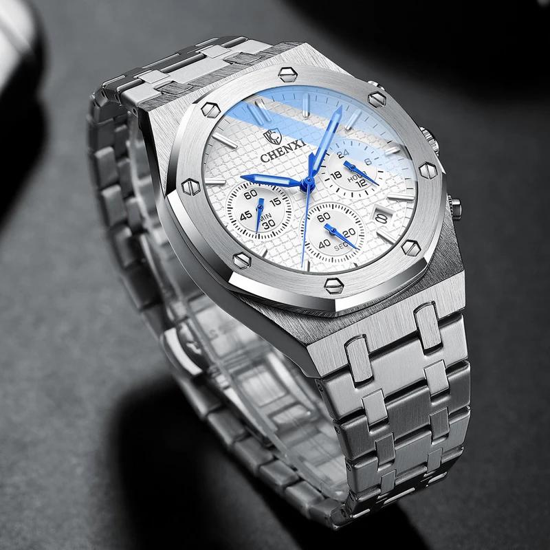 Chenxi Top Luxury Brand Auto Date Wristwatch Mens Sport Waterproof Multi Function Chronograph Stainless Steel Wristwatches