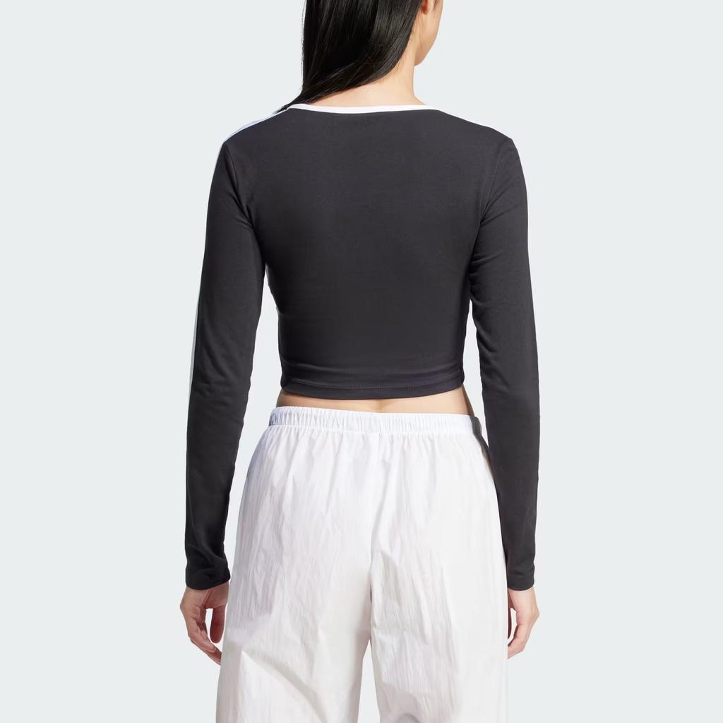 Adidas Оригинальный кроп-топ 3 Stripes облегающего кроя, простой полосатый топ с длинным рукавом для женщин, черный JD4624