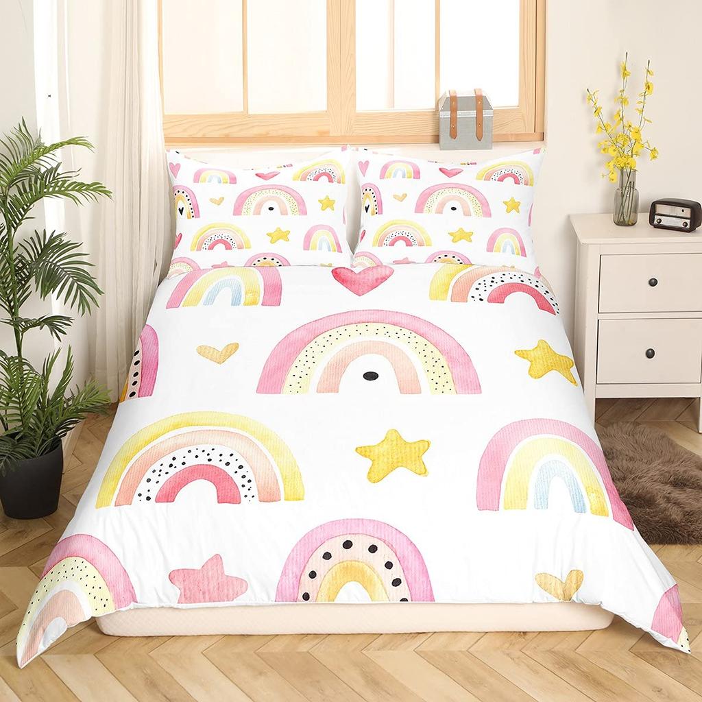 Cartoon Rainbow King Queen Duvet Cover Kids Girls Colorful Clouds Bedding Set Love Heart Comforter Cover Polyester Quilt Cover
