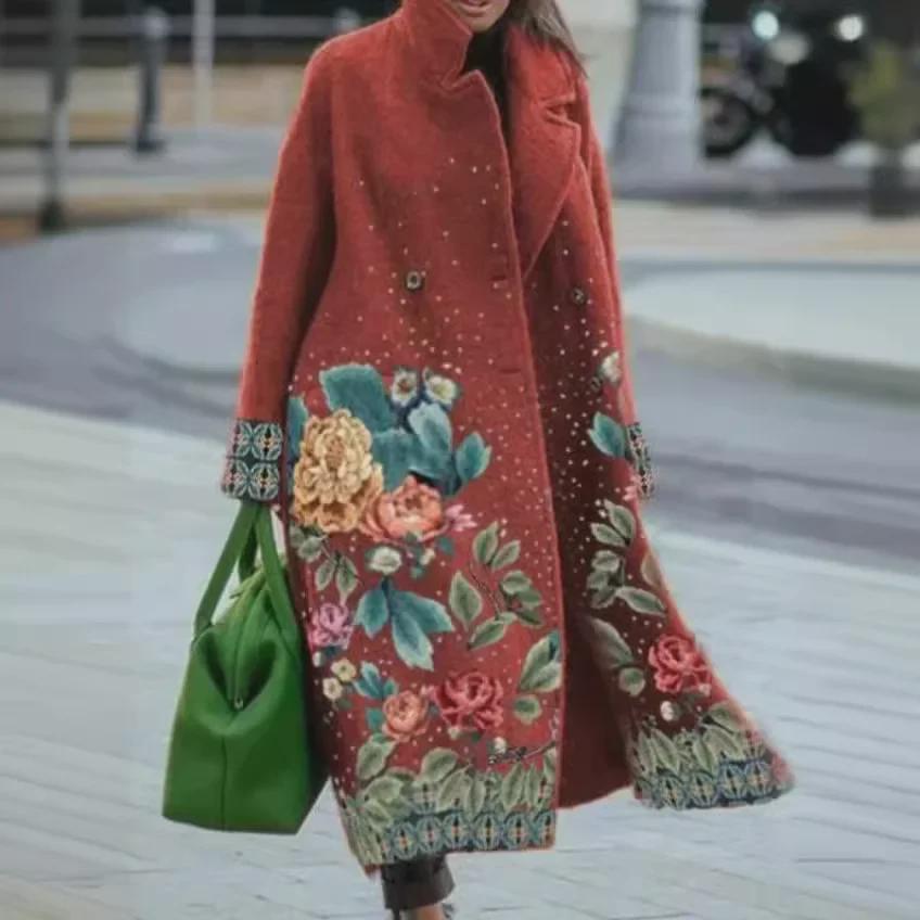 Женское длинное шерстяное пальто с принтом в европейском и американском стиле осень/зима 2024 года