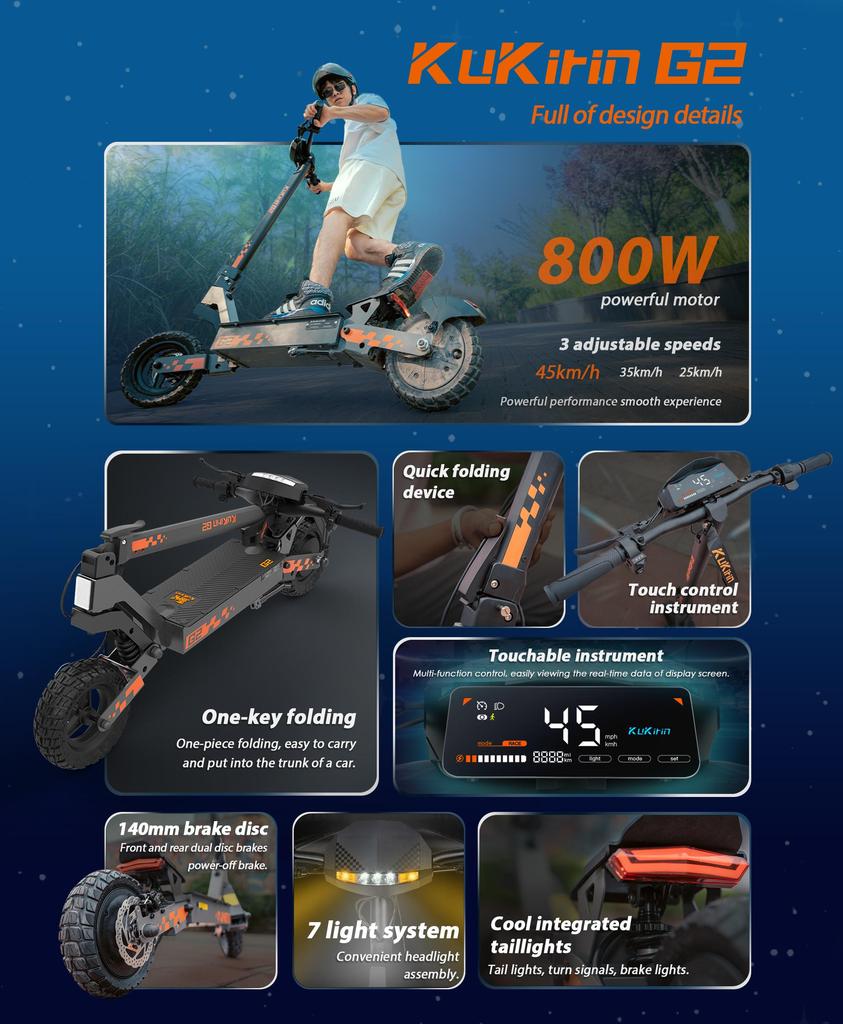 Folding Electric Scooter Kukirin G2 2025-version 800W Motor 48V 15.6Ah Battery 45km/h Max Speed 55km Range