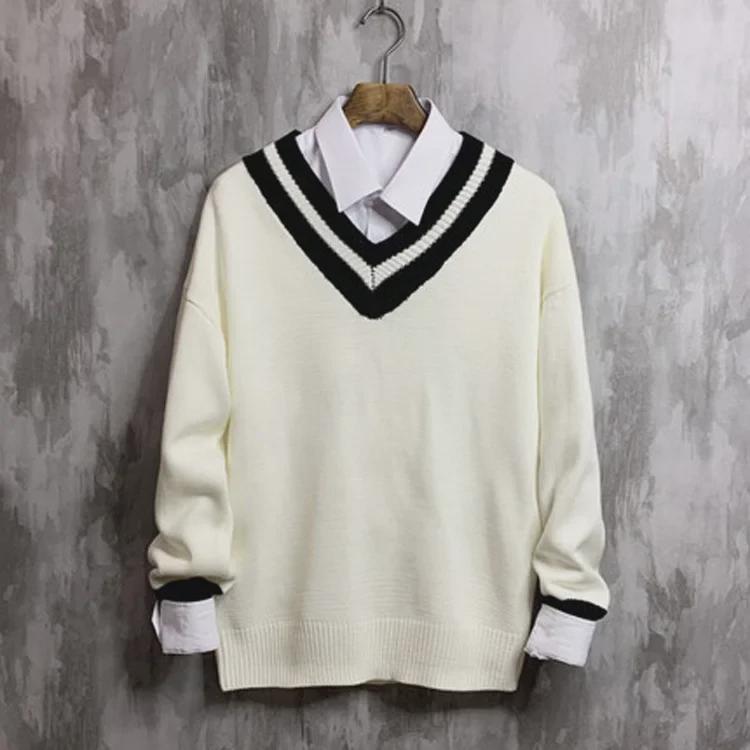 Мужской свитер в стиле колледжа с V-образным вырезом — модный корейский осенний трикотаж для пар и молодежи