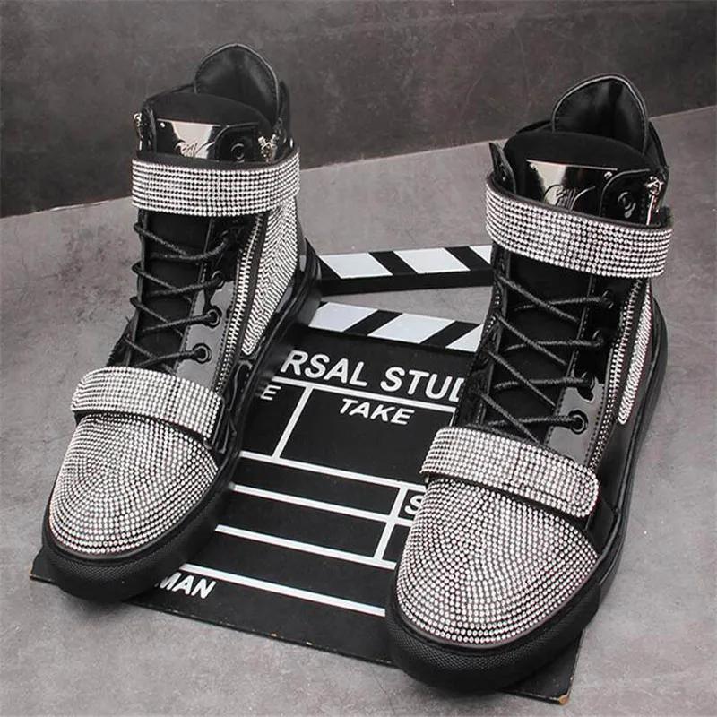 Модные новые дизайнерские мужские блестящие стразы высокие кроссовки повседневные туфли на плоской подошве скейтборд кроссовки на толстой подошве мужская обувь