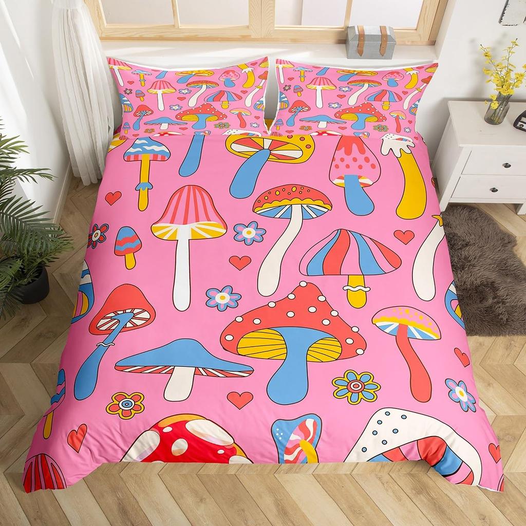 Retro 60S 70S Groovy Flower Duvet Cover,Colorful Hippie Floral Bedding Set Queen,Cartoon Rainbow Mushroom Daisy Comforter Cover