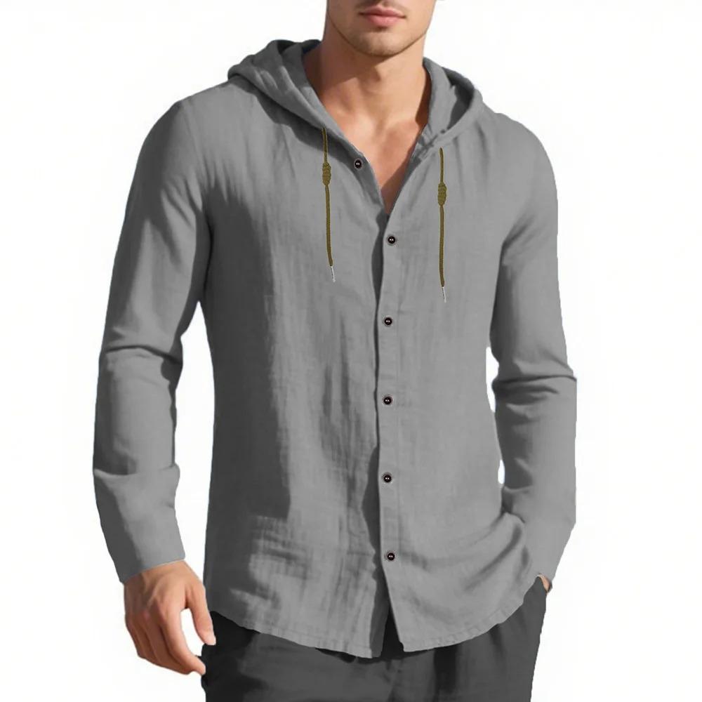 Мужская рубашка с капюшоном, однобортная, хлопок-лен, легкая, весенне-летняя, с длинным рукавом, с кулиской, в отпускном стиле, топы
