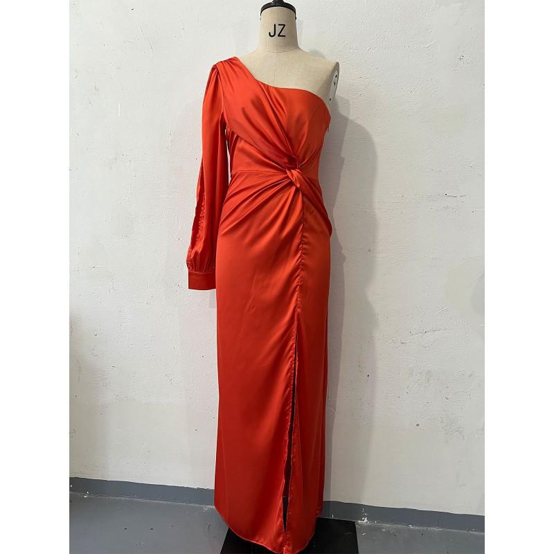 2026 Womens Slash Neck Raglan Sleeve Pleated Fitted Slit Sexy Long Dress