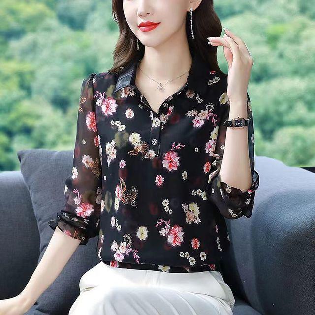 Women's Spring and Autumn Thin Section Plus Size Lapel Printed Chiffon Shirt Loose Thin Nine Minute Sleeve Floral Pullover Shirt