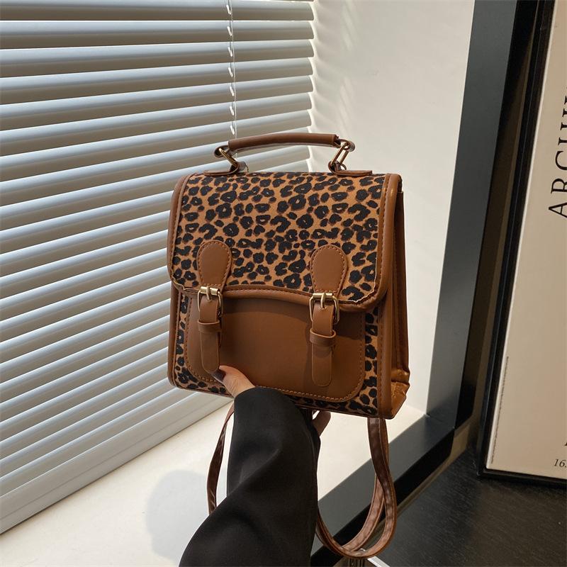 British Retro Leopard Print Backpack Bag Women's New Fashion Versatile Shoulder Messenger Bag High-end Portable Small Backpack
