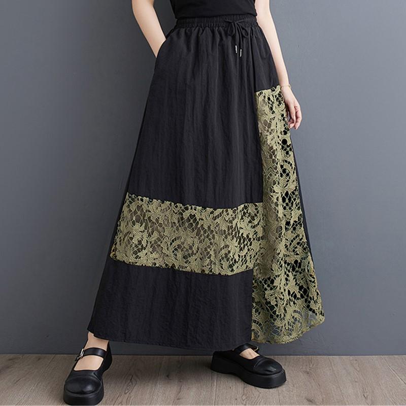 Черное хлопковое кружево больших размеров, винтажная летняя повседневная свободная длинная юбка с высокой талией для женщин, женская юбка