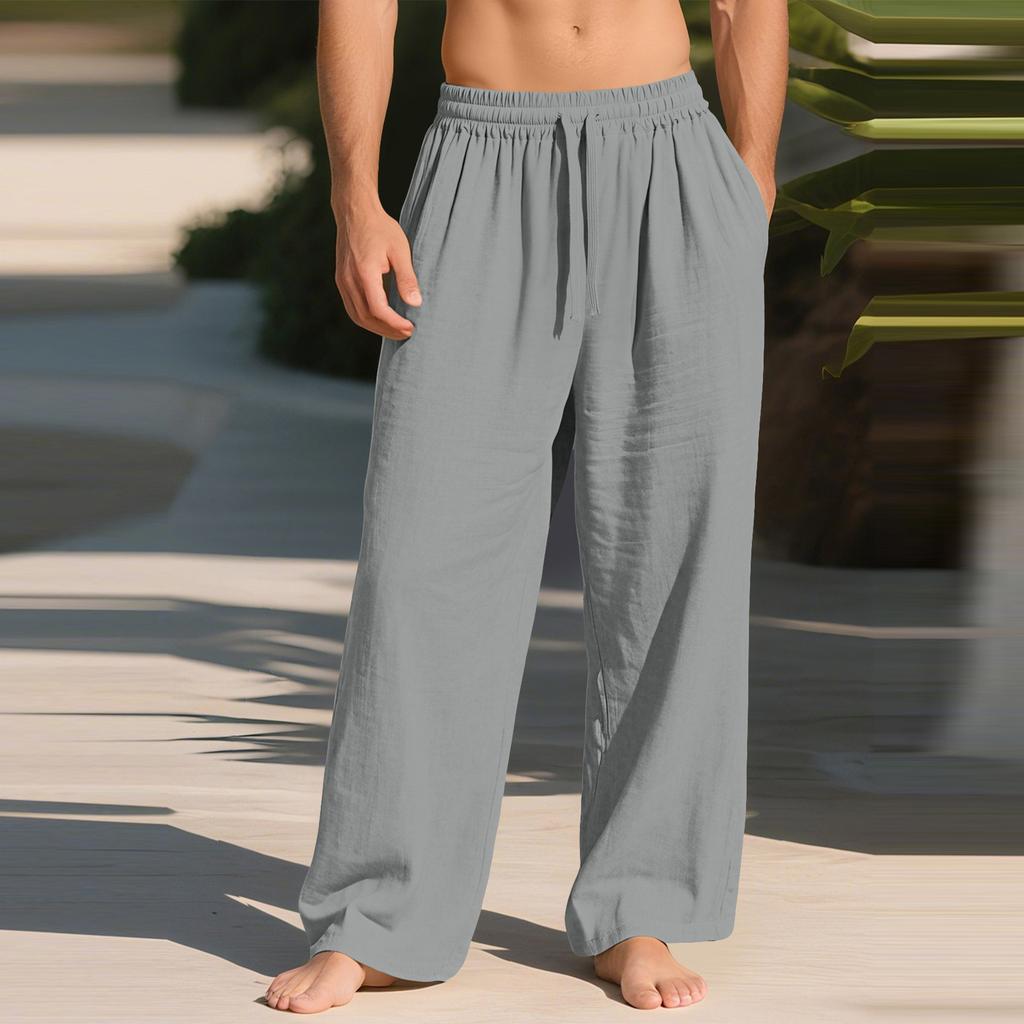 Men's Linen Loose-fitting Casual Sports Pants With Pockets And Drawstring, Solid Color
