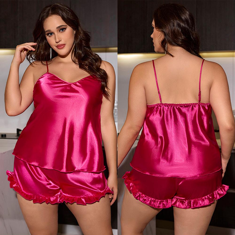 Плюс Размер Женский Новый Ice Silk V-образный вырез Хальтер Шорты Пижамный комплект