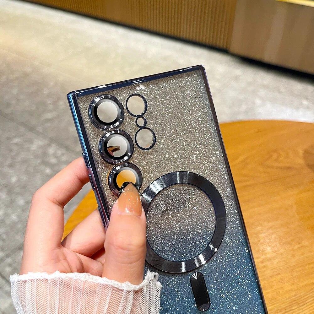 Роскошный блестящий чехол с беспроводной зарядкой для Samsung Galaxy S24 S23 S22 S21 Ultra Plus, магнитный чехол MagSafe Allround, чехол для камеры, чехол