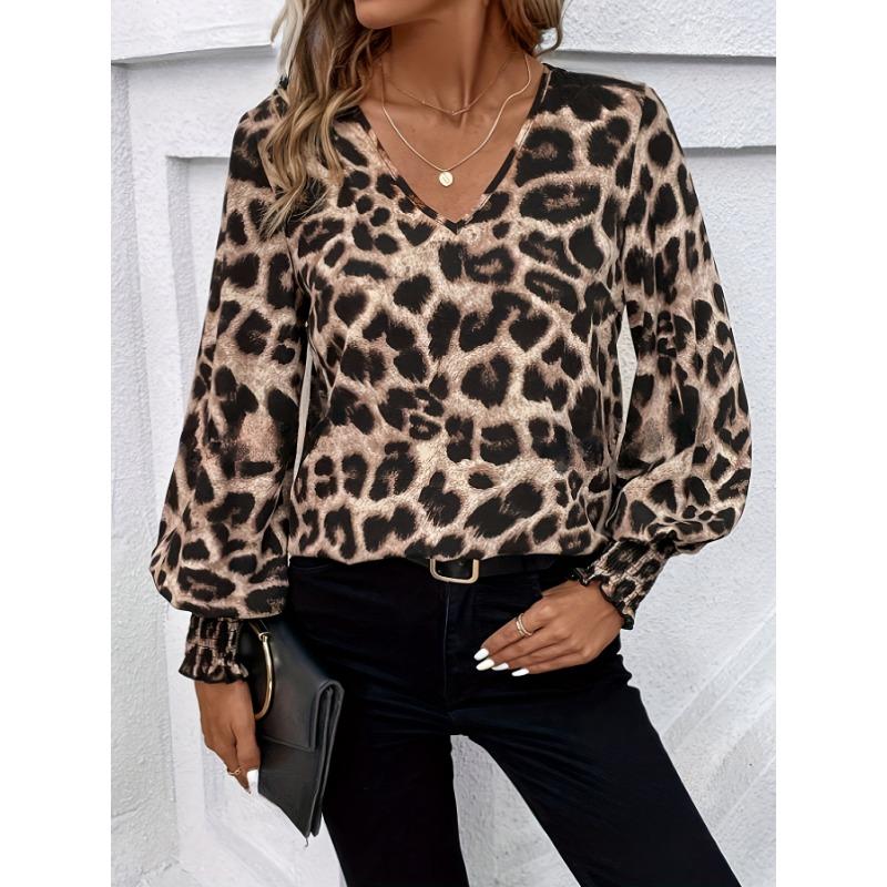 Fashion V-neck Leopard Print Long Sleeved Women Blouse Loose Casual Office Simple Chiffon Shirt Casual Simple Streetwear Elegant Top Clothing