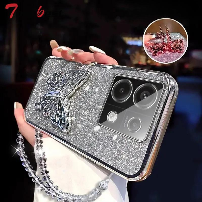 3D Butterfly Phone Holder Crystal Bracelet Glitter Plating Case for Xiaomi Redmi Note 13 12 11 11S 10 10S 9 8 Pro Plus 4G 5G