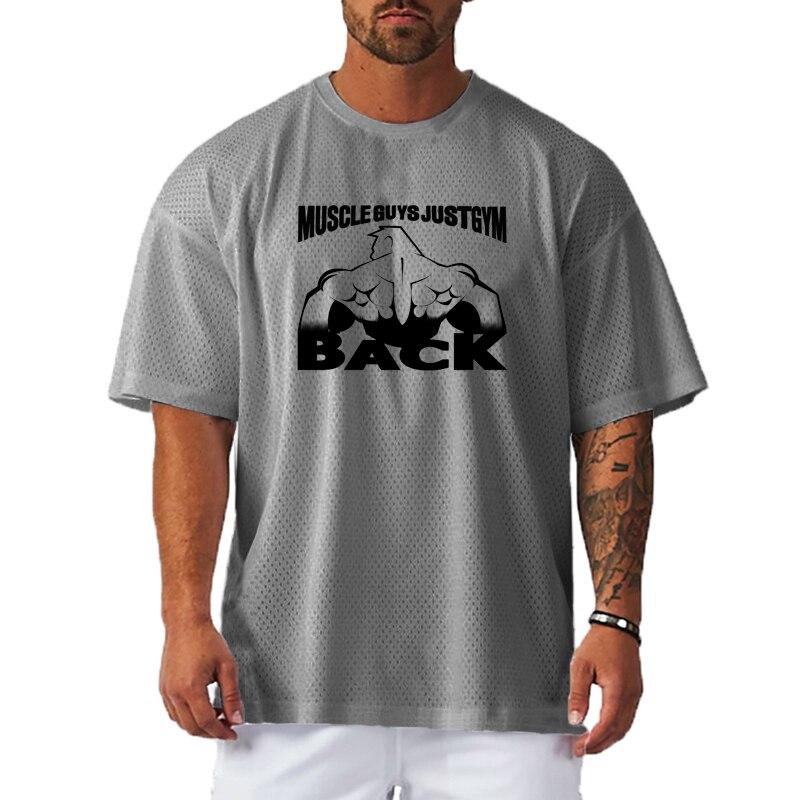 Muscleguys New Loose Bodybuilder T-shirt Summer Breathable Mesh Fitness Clothing Creative Printing Short-sleeved