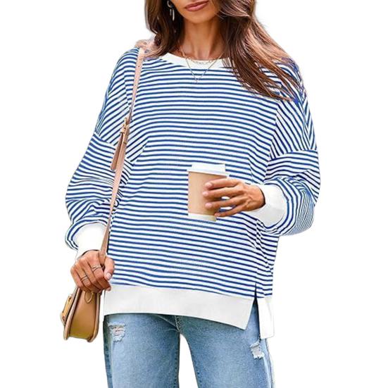 Women Striped Oversized Sweatshirt Long Sleeve Crewneck T-Shirt Split Hem Waffle Knitted Tunic Top Casual Fall Sweater