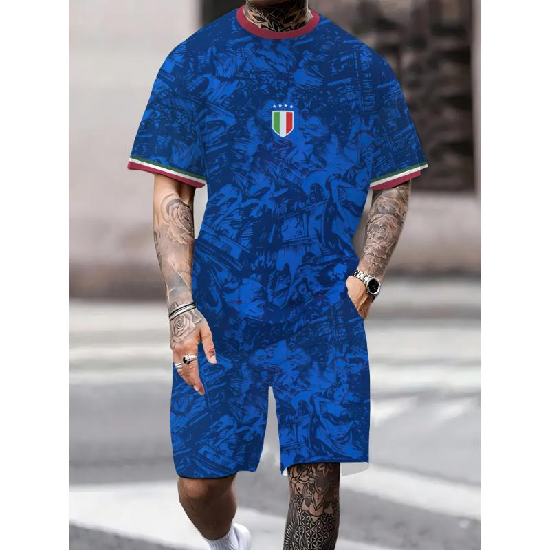 2025 Summer New Italian National Team Football Training Shirt 3D Printed Casual Quick Drying Breathable Set Short Sleeved Shorts