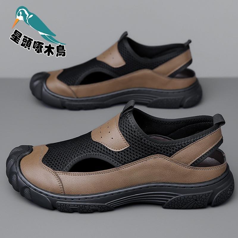 2025 New Men's Shoes Summer Trend Mesh Shoes One-pedal Business Leisure Foot Cover Leather Sandals Men