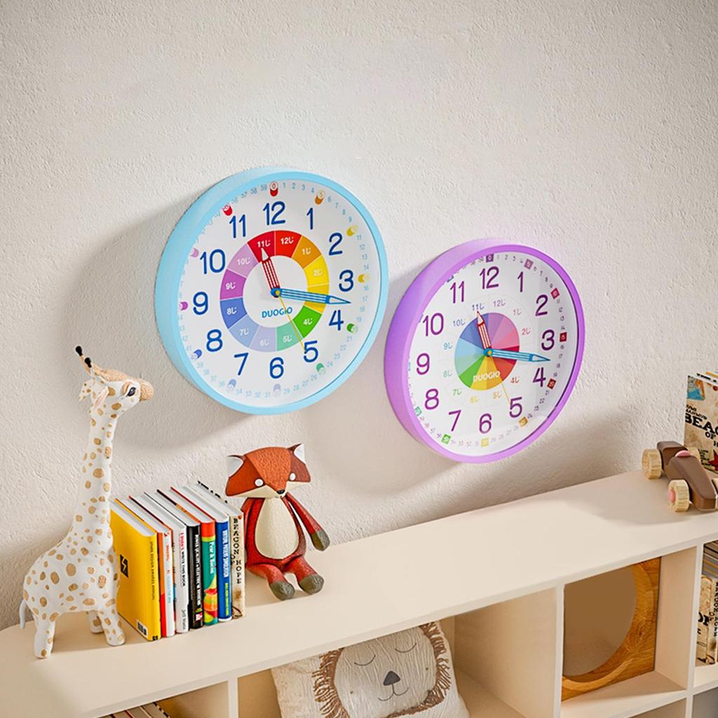 DUOGIO настенные аналоговые образовательные часы на батарейках типа АА, легко читаемые, аналоговые, непрерывные секунды, стеклянные, зеркальные, волновые, настенные часы для детей, живущих в небесно-голубом цвете
