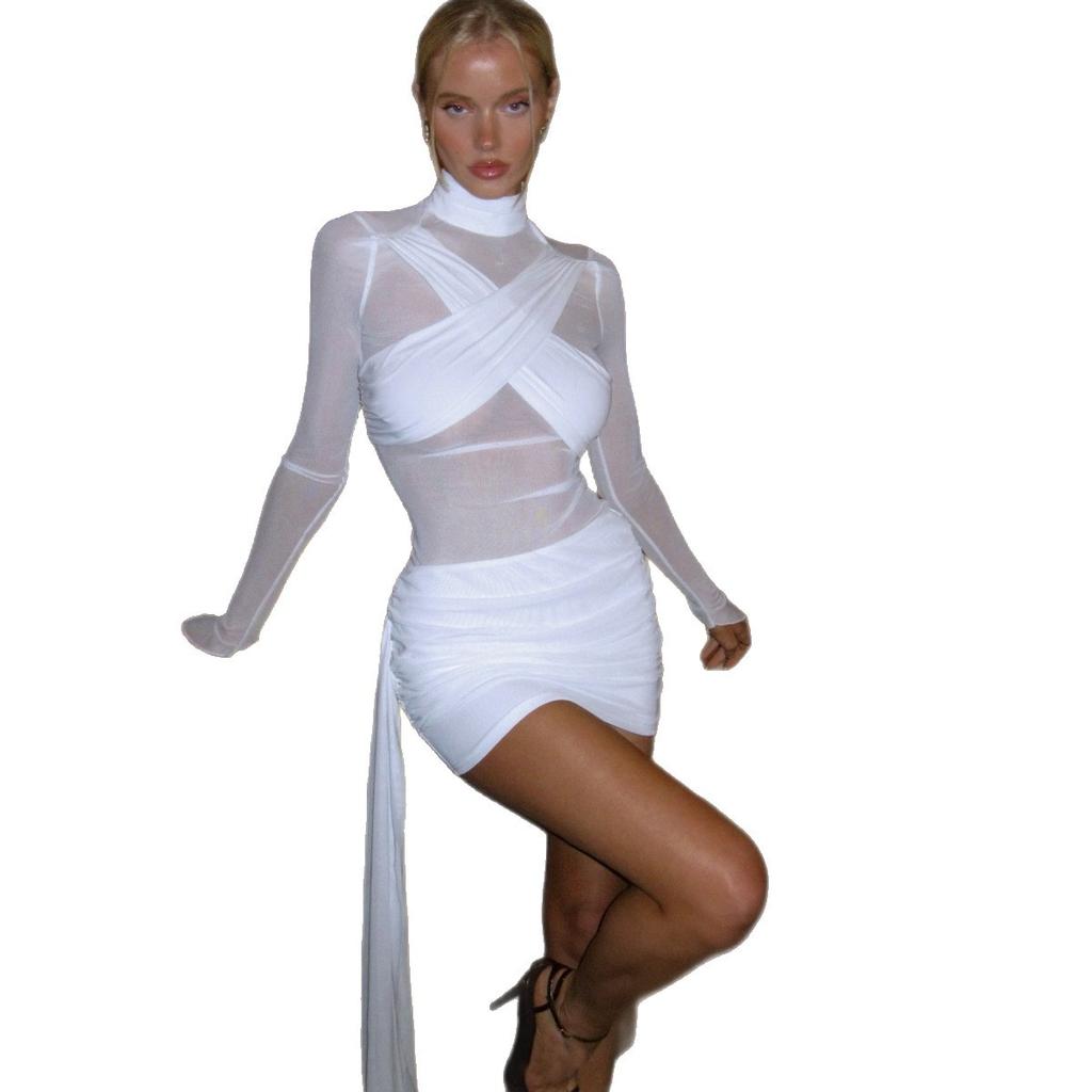European and American style hot-selling new solid color semi-turtleneck mesh perspective sexy slim hip-wrapped dress women