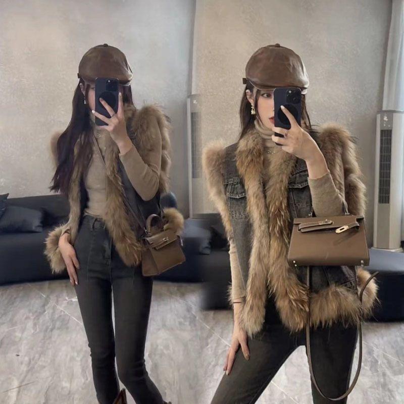 Джинсовый жилет новый жилет осенне-зимняя мода пушистый сшивной безрукавный жилет женский тренд