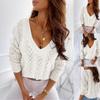 Women's And Winter Fashion Solid Color Hollow V-Neck Long Sleeve Knit Sweater
